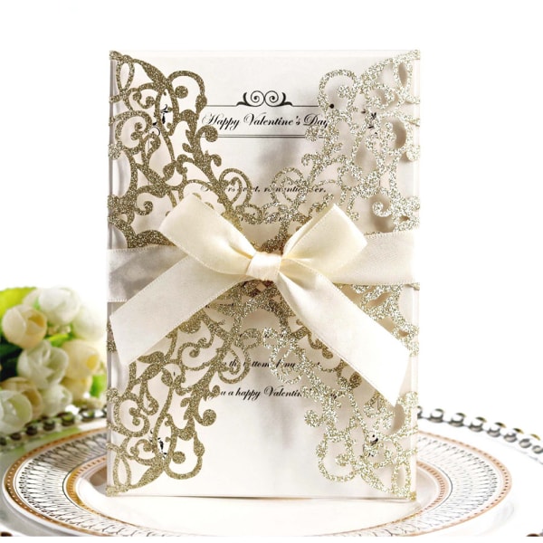 Glitter bröllopsinbjudningskort med kuverttomt och band Gold 1-Pack