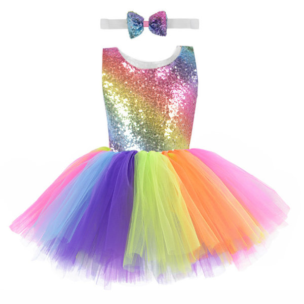 2-10T Flickor Regnbåge Tutu Klänning Toddler Kids Glittrande Sekvenstull Festklänningar för Födelsedag Outfit Halloween Särskilt Tillfälle 2T