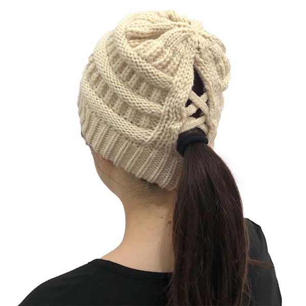 Vinter Kvinder Messy Bun Hestehale Strikket Hue Strækbar Beanie Hat Beige