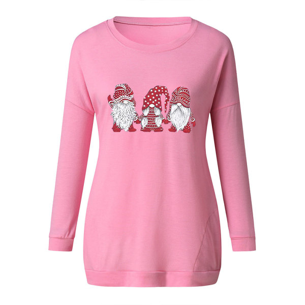 Långärmad tröja med rund hals för kvinnor med tre tomtetryck pink 2xl