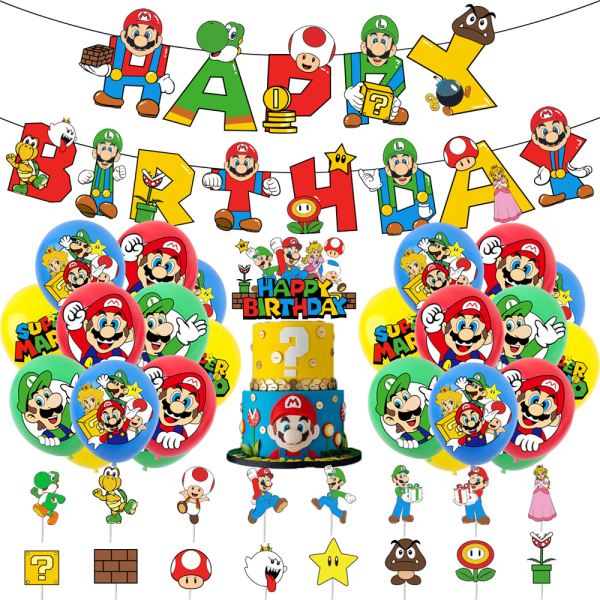 Super Mario Tema Barn Födelsedagsfest Ballong Banner Cake Set