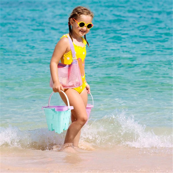 Beach Toy Mesh Bag Kid Shell Collect-väskor Sandväskor med remmar Pink