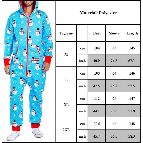 Män's Byxor Dragkedja Huva Långärmad Dam Jul Tryckt Jumpsuit Pyjamas Rollbacks C XL