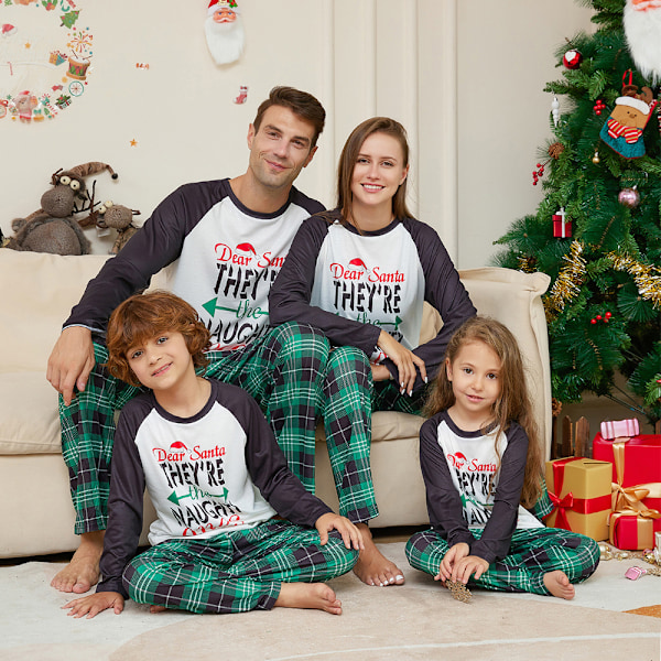 Julpyjamas för familjen Matchande familjepyjamasuppsättningar Jul-PJ:s med bokstavstopp och rutig byxa Nattkläder för vuxna barn bebis (Barn, 13-14 år) Kids 13-14Years