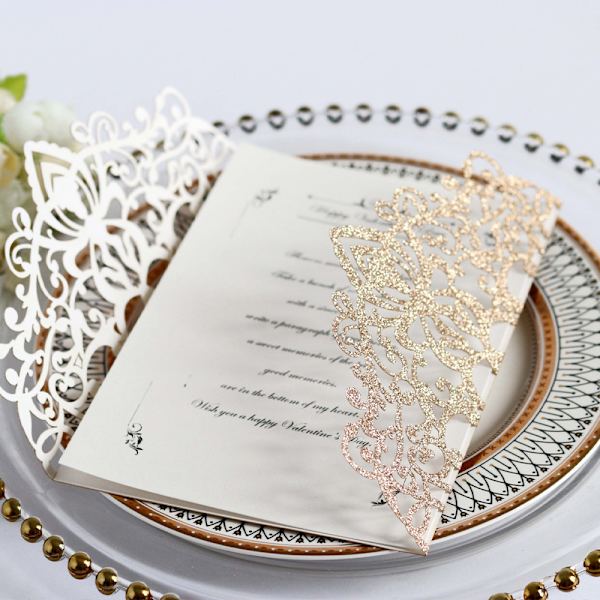 Glittriga bröllopsinbjudningskort med kuvert, blankt papper och band Silver 5-Pack