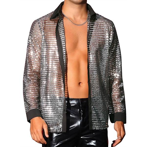 Miesten kiiltävät paljetit Esityspaita Disco-tanssipaita Pitkähihainen napitettava retro 70-luvun paita Silver M