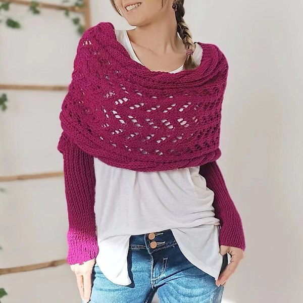 Dam Scarf, Stickad Kabelomslag, Multifunktionell Stickad Virkad Stickad Kokong Sjal med Ärmar Rose red