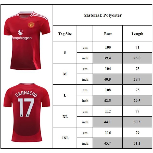 2025 Red Devils Fotbollströjor, NO.17 Garnacho Fotbollströja, Sport Träning Kortärmad Fotbollstopp för Herr Fotbollströja M