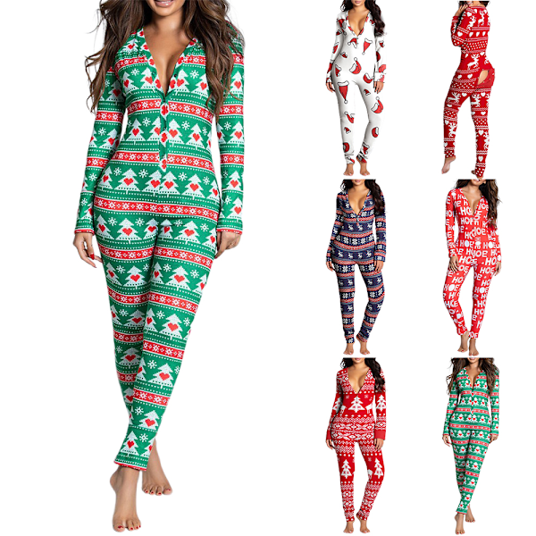 Dam Jumpsuit med Långärmad Knappar, Jultema, Elgtryck, Casual, En-Delad Pyjamas, Raka Ben, Långa Byxor, Hemkläder, Sovkläder Green L