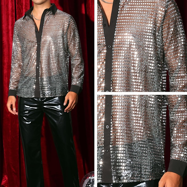 Miesten kiiltävät paljetit Esityspaita Disco-tanssipaita Pitkähihainen napitettava retro 70-luvun paita Silver M