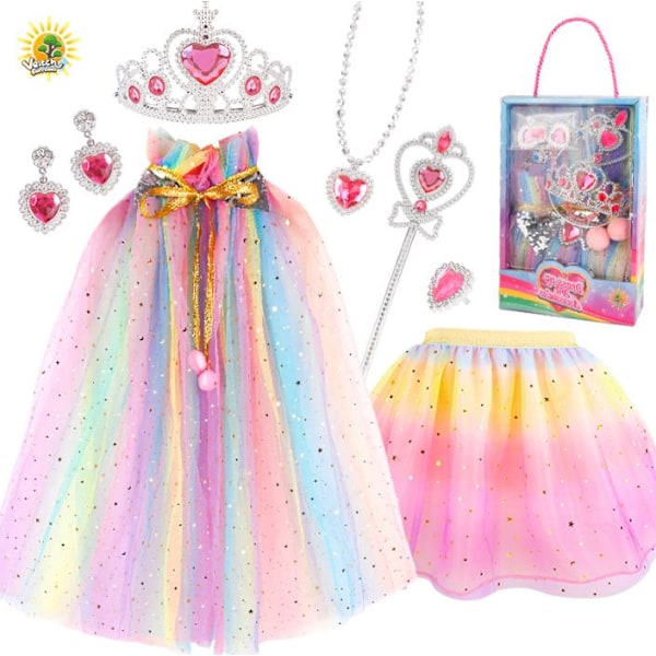 Klännings-Cosplay Leksaker för Flickor, Prinsessklänning Uppklädningskläder Kappklänning Set, Lek-Prinsessklänning Kappa Smycken Krona Trollstav A