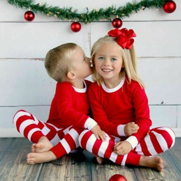 Familjematchande julpyjamas för barn och vuxna med långa ärmar White Striped, Kid 7-8Years