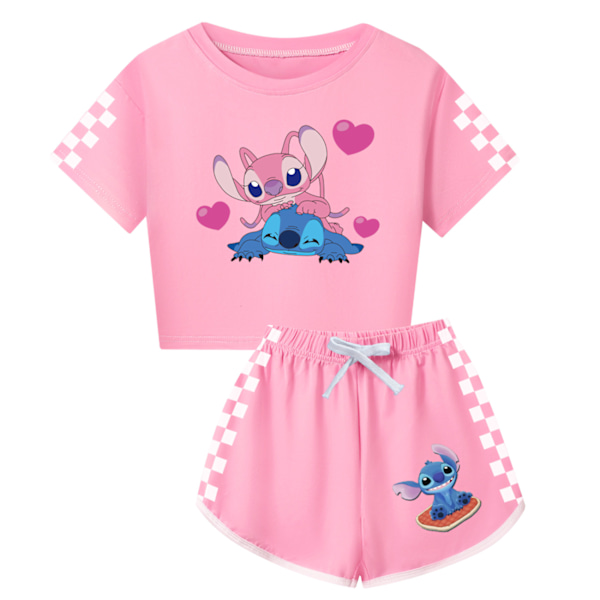 Barn Tecknad Stitch Tryckta Kläder Set T-shirt Shorts Pyjamas Sovkläder Loungekläder Sommar Casual Träningsdräkt Pink 110cm