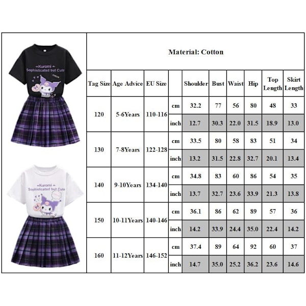 Kuromi Kostym Barn Flickor Sanrio Tecknad T-Shirt Plisserade Kjolar Set Outfit Klänning Black 120cm