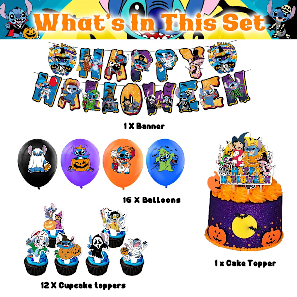 Glad Halloween Stitch Tema Fest Dekorationer Ballonger Banner Cake Toppers Set