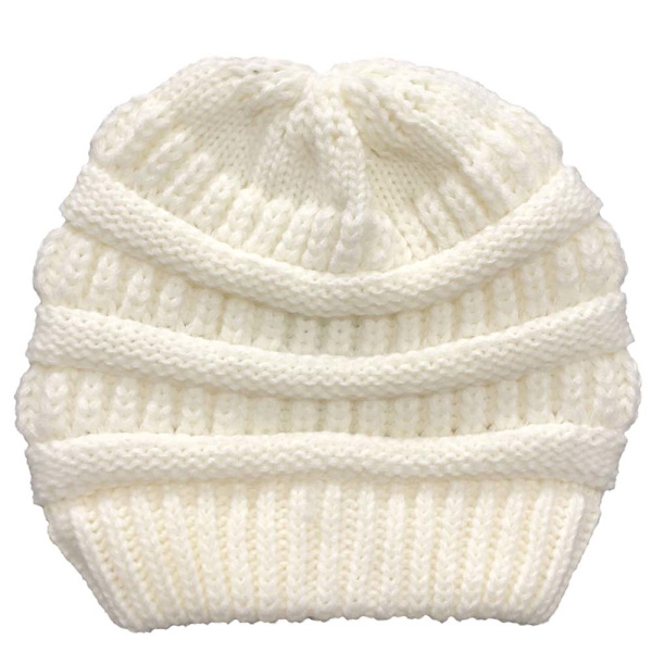 Vinter Kvinnor Rörig Bun Hästsvans Stickad Mössa Stretchig Mössa white