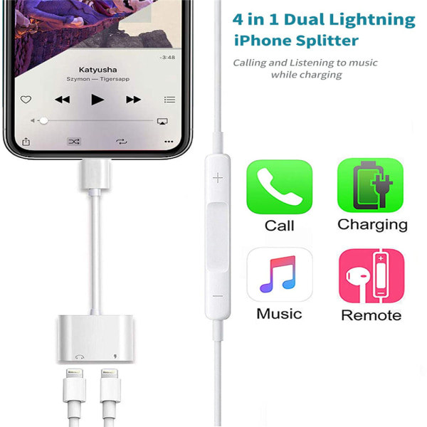 Hörlursadapter iPhone Splitter med två portar musik+laddning