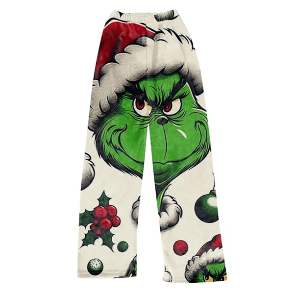 Julklappspysjamasbyxor för kvinnor, jultryck, pyjamasbyxor, vida ben, dragsko, semesterflanell, nattkläder F XL