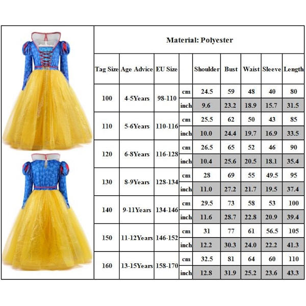Snövit Prinsessklänning Flickor Cosplay Kostym Jul Party Maskeradklänning 130cm