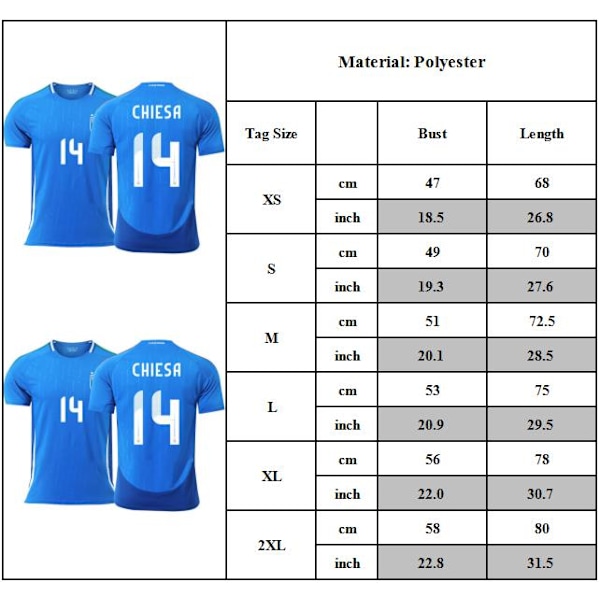 2024 Italien Hemma Fotbollströjor, NO.14 CHIESR Fotbollströja, Sport Träning Kortärmad Fotbollstopp för Herr Fotbollströja S