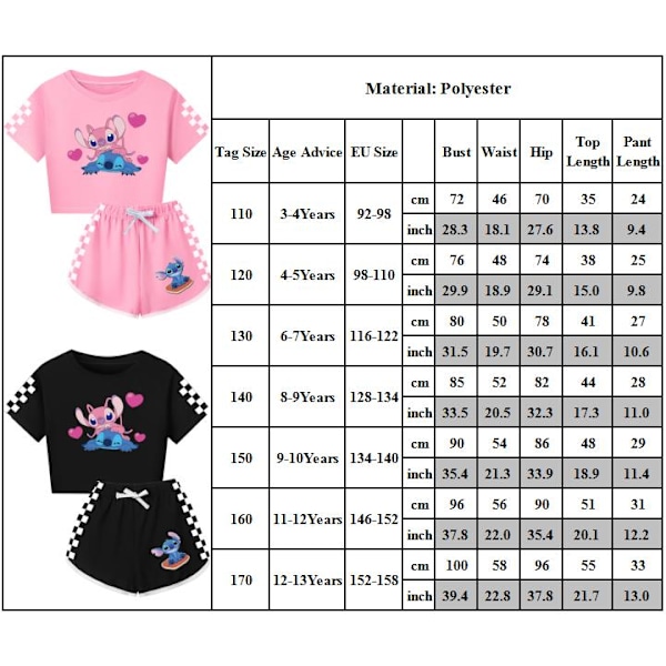 Barn Tecknad Stitch Tryckta Kläder Set T-shirt Shorts Pyjamas Sovkläder Loungekläder Sommar Casual Träningsdräkt Rose Red 110cm