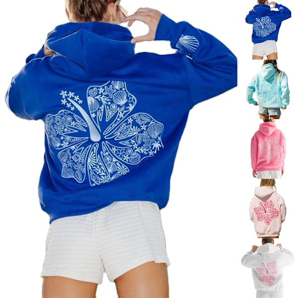 Palm Puff Överstora Hoodies för Kvinnor, Tonårsflickor Preppy Sweatshirt Långärmad Y2K Grafisk T-shirt med Fickor Light Blue 2XL