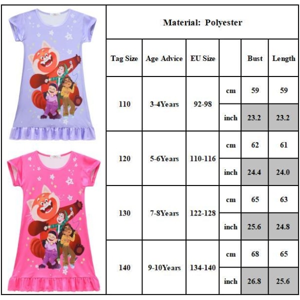 Turning Red Panda Sleepwear Skjorta Nattlinne för barn, flickor Purple 7-8 Years = EU 122-128