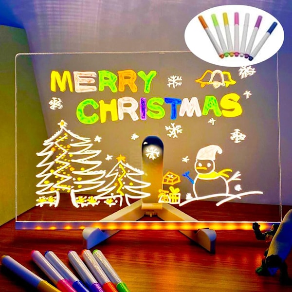 LED Notetavle med Farver, Belyst Akryl Whiteboard, Beskedtavle, Illumineret Notetavle med Farver Notesblok Justerbart Stativ og 7 Penne 300*200*3mm