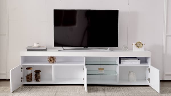 Vit modern TV-bänk, ljus panel, variabel LED-belysning, för vardagsrum och matrum, 180 cm