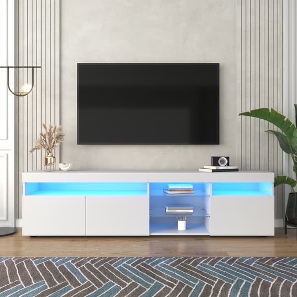Vit modern TV-bänk, ljus panel, variabel LED-belysning, för vardagsrum och matrum, 180 cm