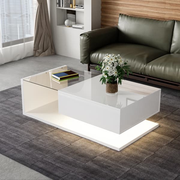 Soffbord, högglans vit. Sidobord, soffbord med glas och LED-effekt.