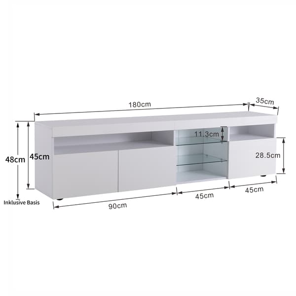 Vit modern TV-bänk, ljus panel, variabel LED-belysning, för vardagsrum och matrum, 180 cm