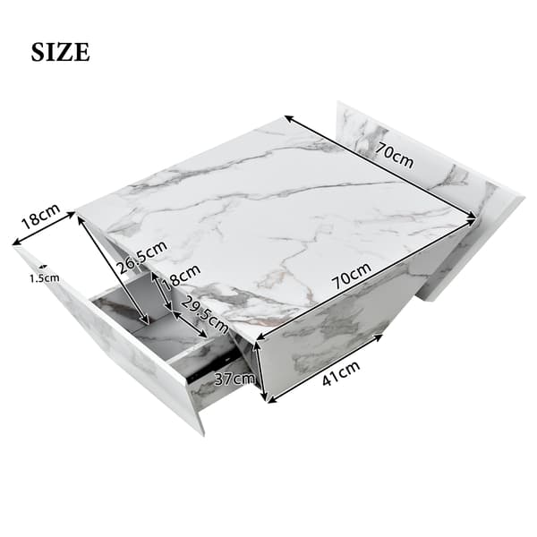 Modernt trumsoffbord, trapetsformat soffbord i vit marmorfinér, vardagsrumsbord 70×70×37 cm