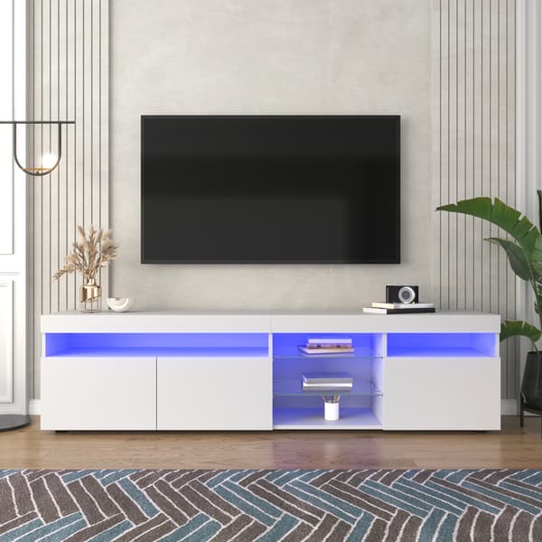 Vit modern TV-bänk, ljus panel, variabel LED-belysning, för vardagsrum och matrum, 180 cm
