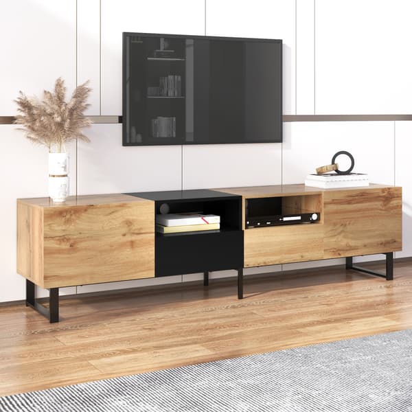 Modernt TV-stativ i svart och träfärgad design – rymlig förvaring, robust konstruktion