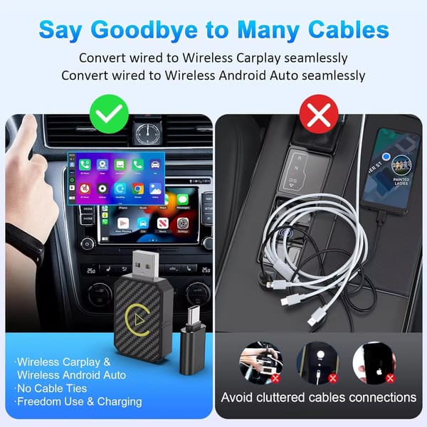 Mini Trådløs Android Biladapter og Trådløs CarPlay Adapter, 2-i-1 Trådløs CarPlay Adapter til iPhone iOS 10+/Android 11+