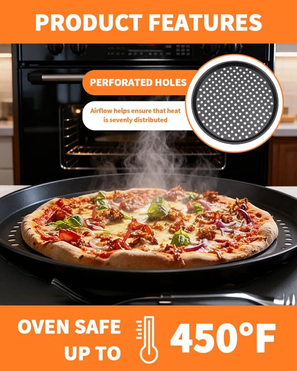 To 12-tommers perforerede non-stick pizzabakker, perforerede bageplader i kulstofstål til ovne, runde bageforme.