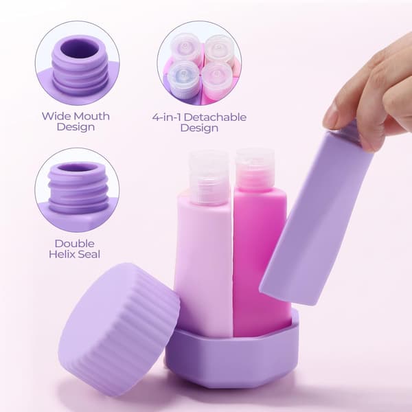 Lila 4-i-1 Silikon Reseflaskset - Läcksäkra Påfyllningsbara Klämtuber för Schampo, Balsam, Lotion, Duschgel