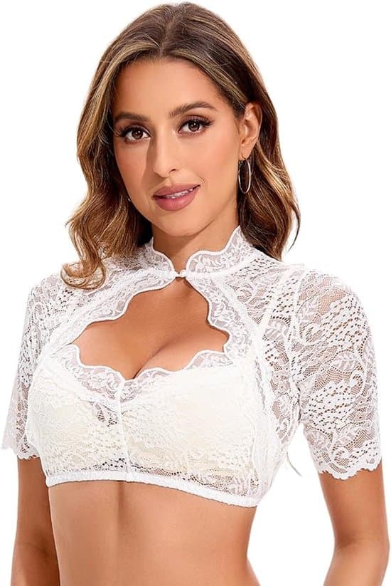 Dirndl Bluse til Kvinder - Blondebluse med Specielle Udskæringer - Ståkrave til Oktoberfest og Karneval - Til Kvinder og Piger - Dirndl Bluse - M M