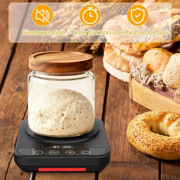 Surdejsvarmemåtte — Fermenteringsvarmer til starter og dej — Præcis 21-43°C ±0.5°C Termostat — 0-24H Timer — Smart Hukommelse — Sort