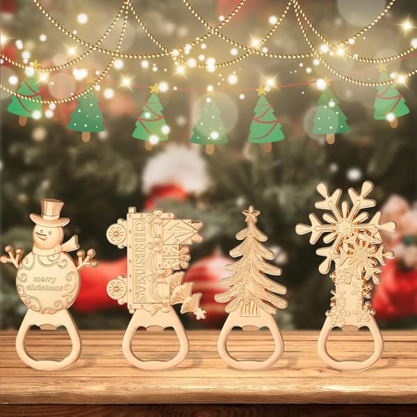 4 flaskeåbnere med juletema - perfekte til bryllupper, julefrokoster, julepynt og som minde.