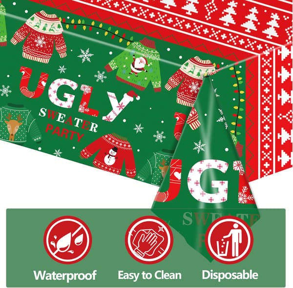 3 stk. juleduker med stygt genser-tema, juleplastduk engangs rektangulær julebordduk for festdekorasjoner med stygt genser-tema
