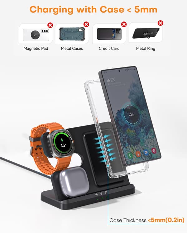 Trådløs oplader til Samsung ladestation: 3 i 1 Galaxy Watch oplader, adapter inkluderet, sort