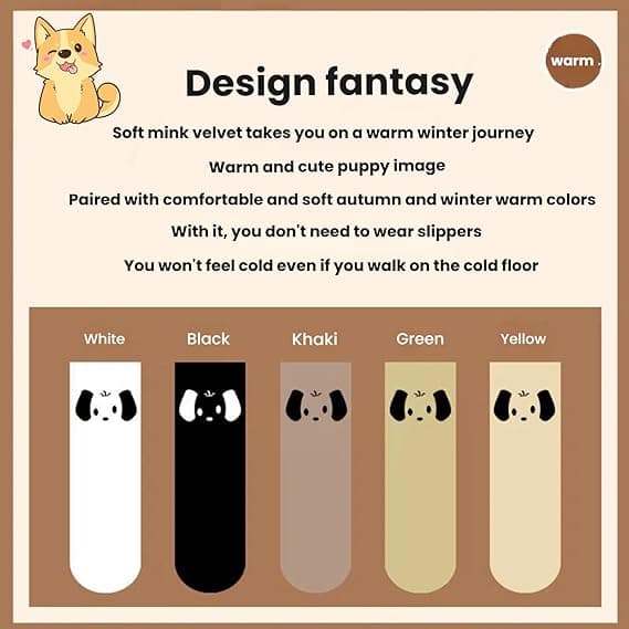 Fem par bløde damesokker med et nuttet 3D-hundedesign, bløde og varme midt-læg stil, søde og alsidige.