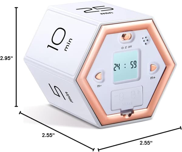 Heksagonal flip-timer med lydløs og alarmfunktion. Nem at bruge. Pomodoro-timer og klassetimer - hvid.
