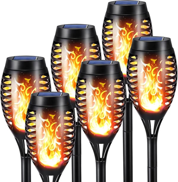 Utendørs solcellelys - 6-pakning vanntette solcellefakler, solcelleflammer for dekor, hage, uteplass, stier