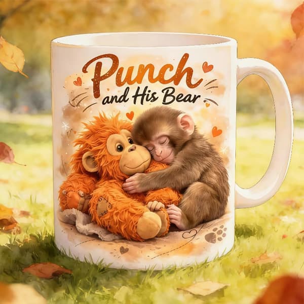 Punch Monkey Mugg, Punch and His Bear Mugg, Söt Apa Kaffemugg Nyhet Keramisk Kopp Present till Kaffeälskare