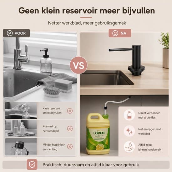 Indbygget Sæbedispenser til Bordplade – Børstet Sort – 304 Rustfrit Stål Sæbepumpe med 1m Slange, Metal Kontraventil og 3 Sorte Hætter