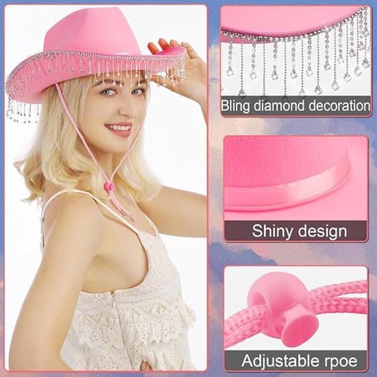 Hatt - Cowboyhatt - Strass - för möhippa och Halloween - för brud - Rosa