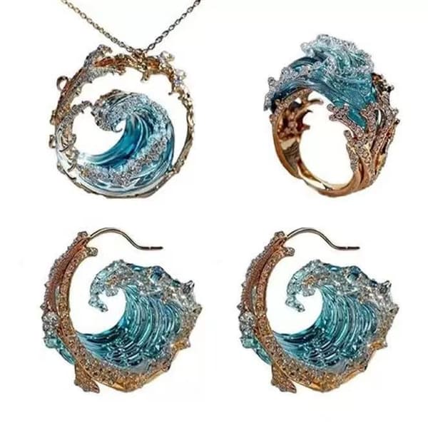 Dame bølgetilbehørssæt - Ocean-inspireret halskæde, ring og øreringe - 18K forgyldt zinklegering, Boho Chic Tidal Wave Design